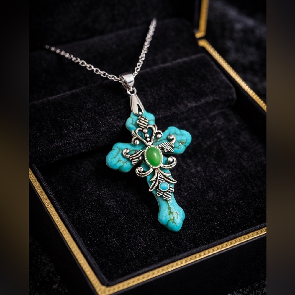 Green Turquoise Cross Pendant With Chain